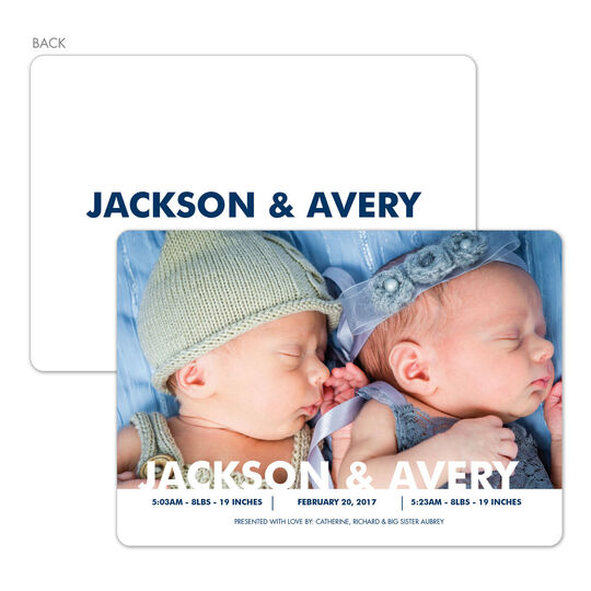 Navy Double Name Twins Photo Birth Announcements
